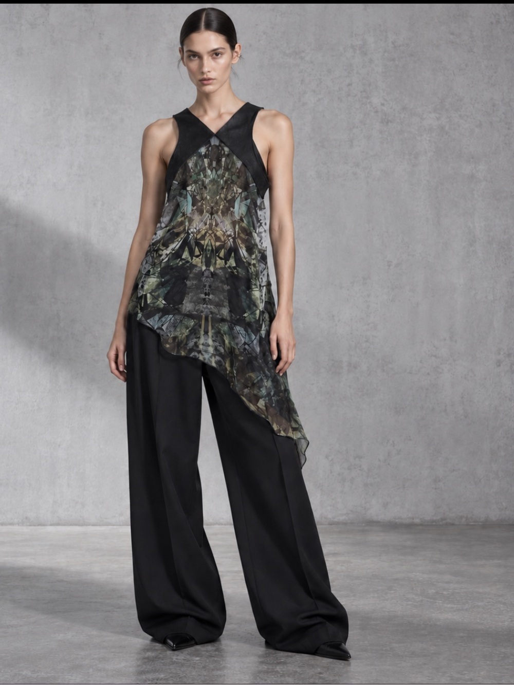 Helmut Lang Silk Chiffon Leather Trim Abstract Asymmetrical Tunic Top Small